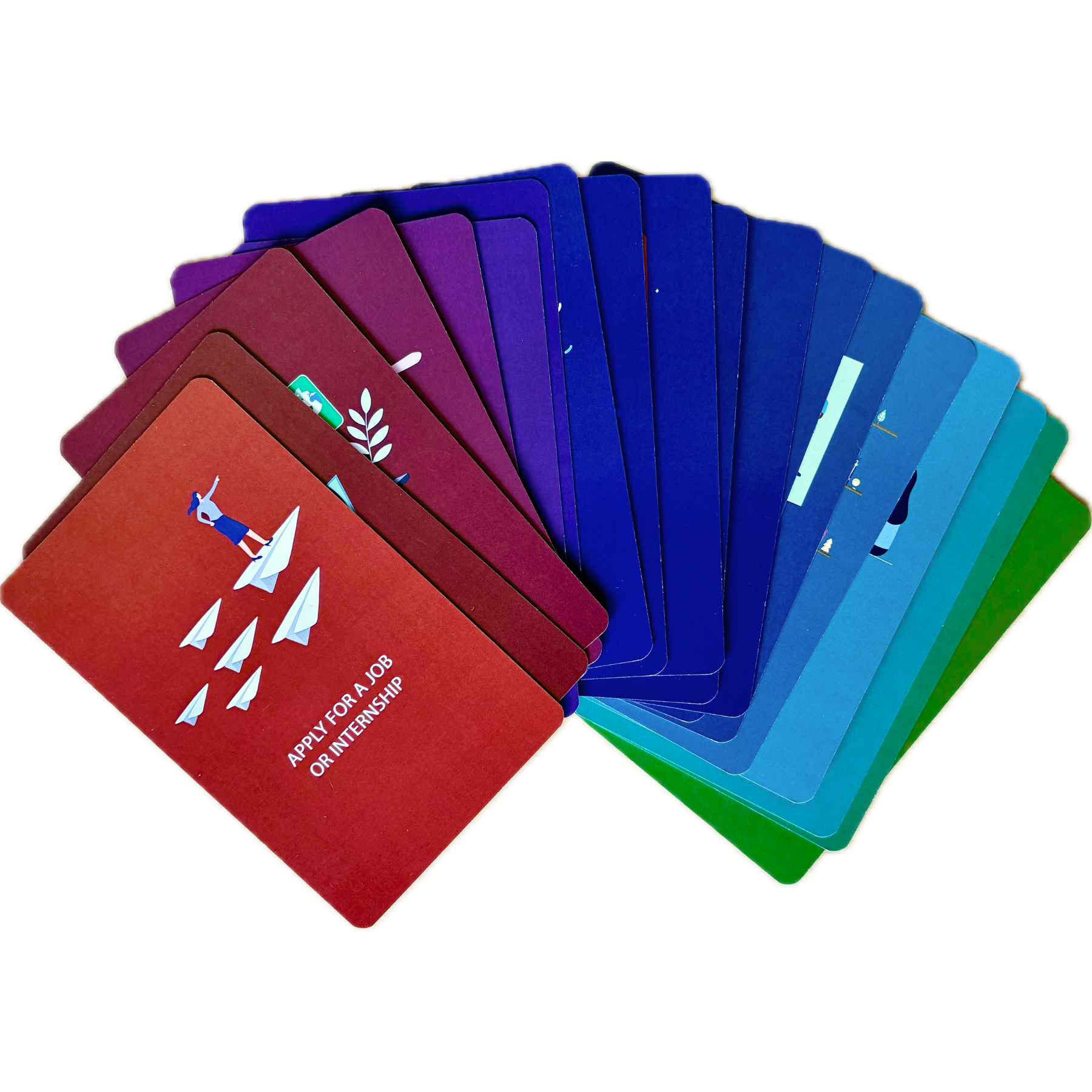 A fan of colorful square cards on a white background, including red, purple, blue, teal, and green cards with small printed illustrations and text.